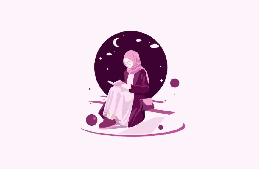 Illustration of a woman wearing a hijab, reading and reflecting at night, symbolizing the practice of before sleep dhikr.