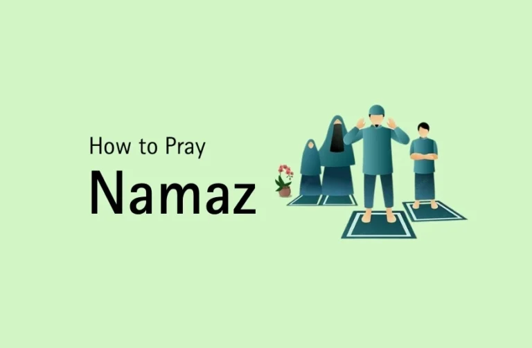 Illustration of people praying Salah with the text 'How to Pray Namaz