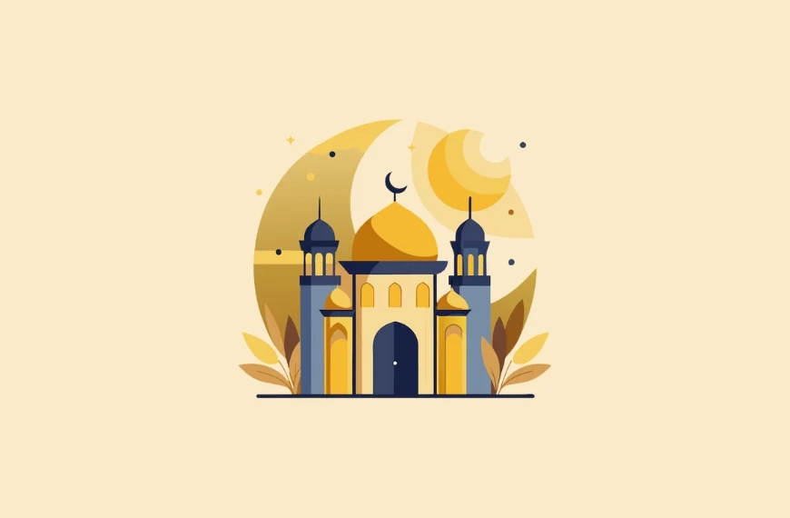 Illustration of a mosque with a golden dome and two minarets against a pale yellow background. A crescent moon and stylized sun set serenely behind the masjid, evoking the call of the adhan, surrounded by abstract leaves and small dots for a harmonious composition.