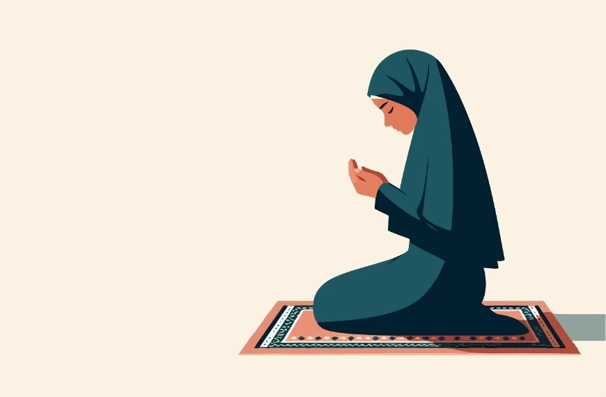 Illustration of a woman kneeling on a prayer mat, wearing a dark green hijab and dress, against a light beige background. After Salah, her hands are raised in prayer for Dhikr, and her expression is calm and serene. The prayer mat features a simple geometric border design - Emaan Ultimate