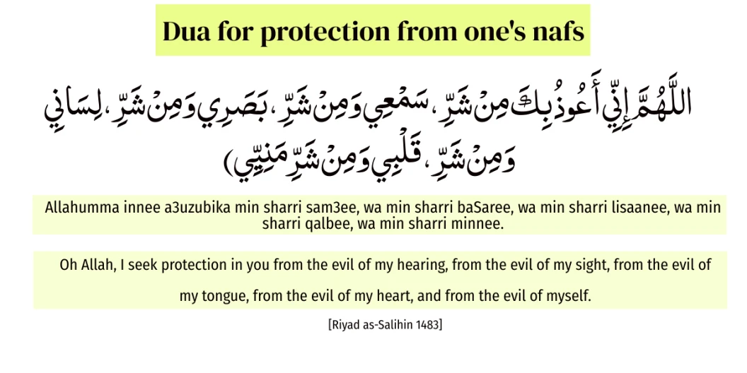 An Islamic dua (supplication) for protection from one's Nafs, written in Arabic with English transliteration and translation for guidance on controlling desires.