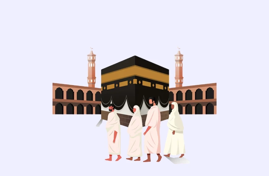 Illustration of four people in white garments performing Hajj, walking around the Kaaba, a large black cube with gold accents. They are set in a courtyard with two tall minarets against a pale blue backdrop, symbolizing the sacred pilgrimage and embodying the spirit of Umrah Dua.