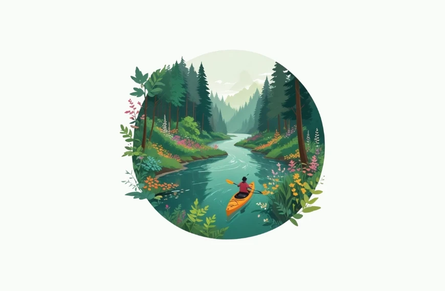 A serene, circular illustration captures a lush forest scene. A person in a yellow kayak paddles along Nature Dua's winding river, surrounded by dense pine trees and vibrant wildflowers. In the background, soft green mountains rise under a light sky, creating a peaceful, natural atmosphere.