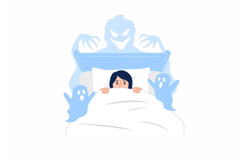 Illustration of a frightened person in bed, covering their chin with a blanket. Two blue ghostly figures, known as NightMare Duas, loom behind the bed with outstretched arms, casting a spooky presence. The white background emphasizes the surreal scene.