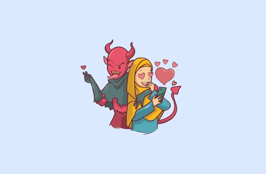 A cartoon of a smiling woman in a yellow hijab and teal outfit looking at her phone, surrounded by pink hearts. Behind her, a red devil figure with horns slyly glances at her, holding a phone and making a heart gesture—her subtle protection from Stan—in front of a light blue background.