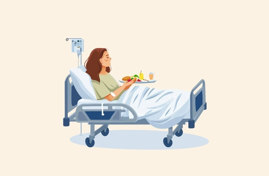 Illustration of Ruqaya, a woman with long brown hair, sitting up in a hospital bed. Clad in a green gown and recovering from an illness, she holds a meal tray with a drink, fruit, and food. An IV drip stand stands beside her bed against the light beige background.