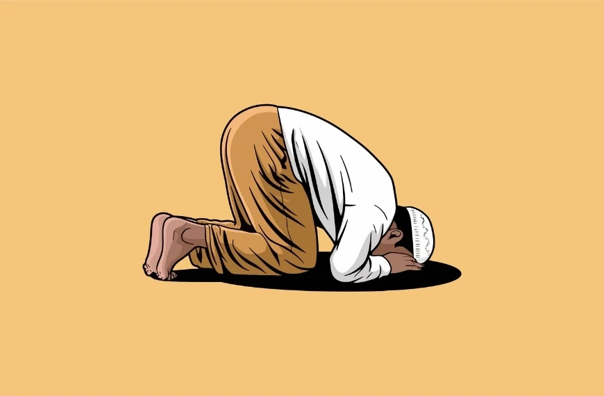 Illustration of a person kneeling in salah, wearing a white shirt, brown pants, and a white cap. The figure is on a plain, light tan background and casts a shadow beneath, highlighting the posture of worship and dhikr.