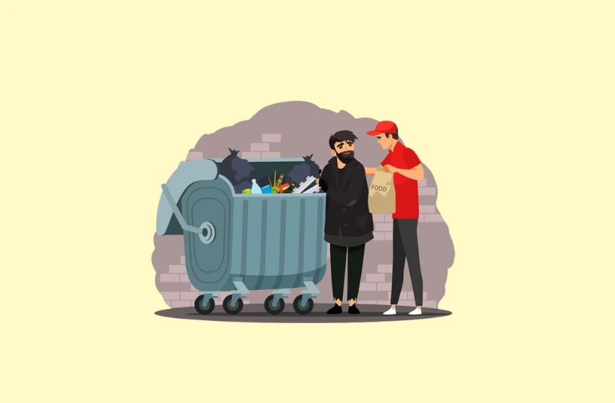 Illustration of a person in a black coat and beanie searching through a dumpster, while engaging in social interaction with another individual wearing a red shirt and cap, who stands nearby holding a food bag. The background features a partial brick wall against a beige backdrop.