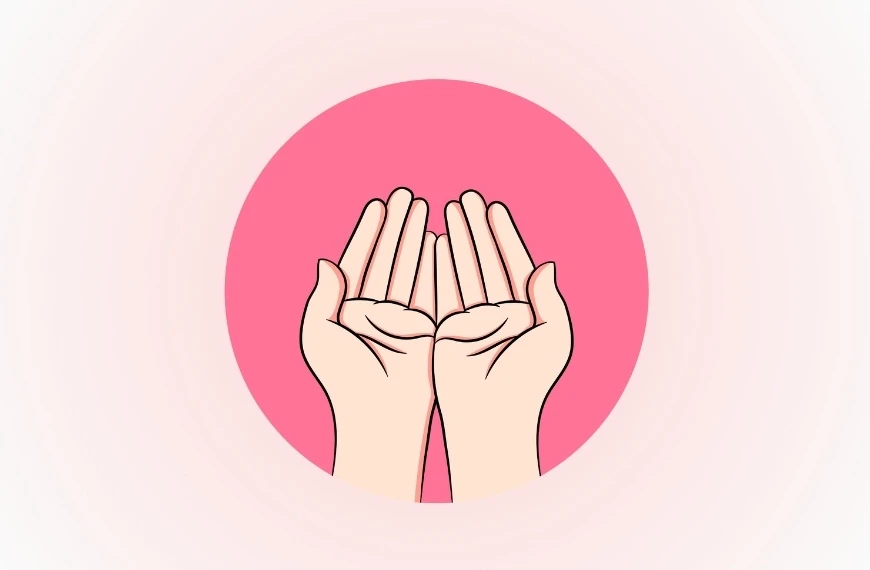 Illustration of two open hands side by side, palms facing up, against a pink circular background. The hands, drawn with clean lines and a neutral skin tone, convey a gesture of offering or receiving, reminiscent of the sunnah duas' spirit.