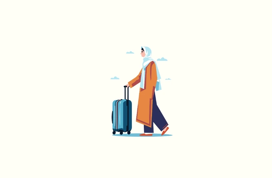 Illustration of a person wearing a hijab and an orange coat, pulling a blue suitcase on wheels. Walking on a light background with small blue clouds, they appear to be traveling, perhaps reciting a travel dua for safe journeys as many Muslims do.