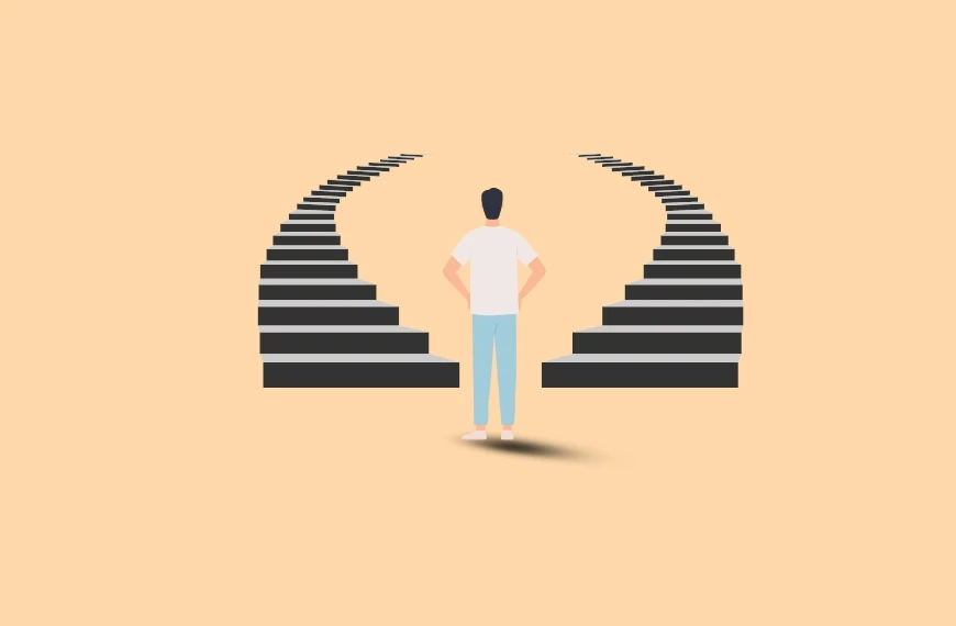 Illustration of a person standing at the bottom of two diverging staircases against a beige background. The person, in a white shirt and blue pants, faces away from the viewer, contemplating their path as if seeking guidance or an Istikhara Dua between the two symmetrically curving upward paths.