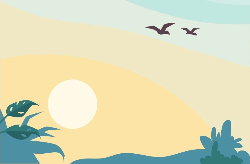 A minimalist landscape illustration captures a large sun rising against a gradient sky, evoking the peace of morning dhikr. Two birds in flight silhouette the scene, while green foliage frames the bottom corners, adding a natural touch to this serene composition.