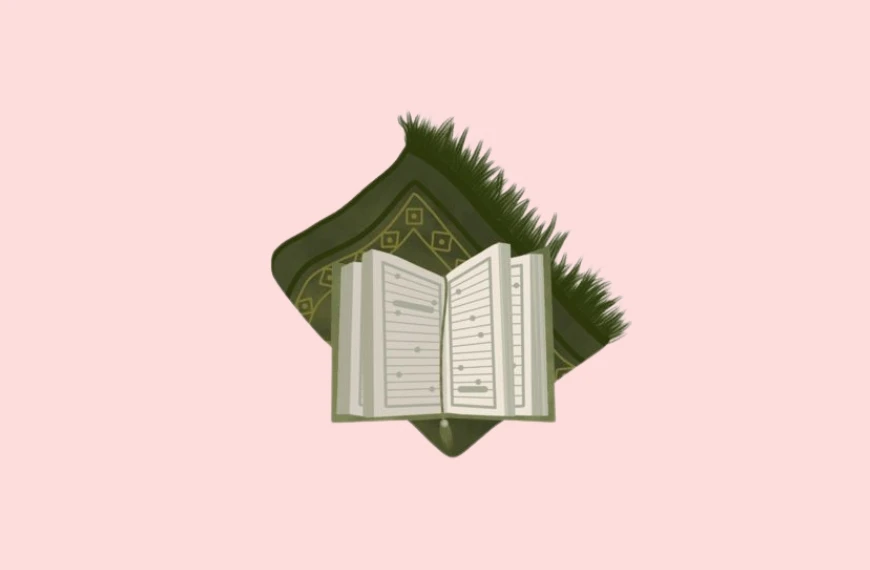 Illustration of an open book with Arabic script, featuring Quranic Duas, resting on a patterned green prayer mat. The background is a soft pink color, providing contrast. The book's pages are slightly fanned out, and the mat boasts intricate fringe detail at the top.